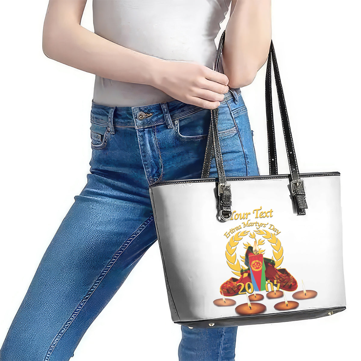 Custom Eritrea Martyrs' Day Leather Tote Bag 20 June Shida Shoes With Candles - White LT14