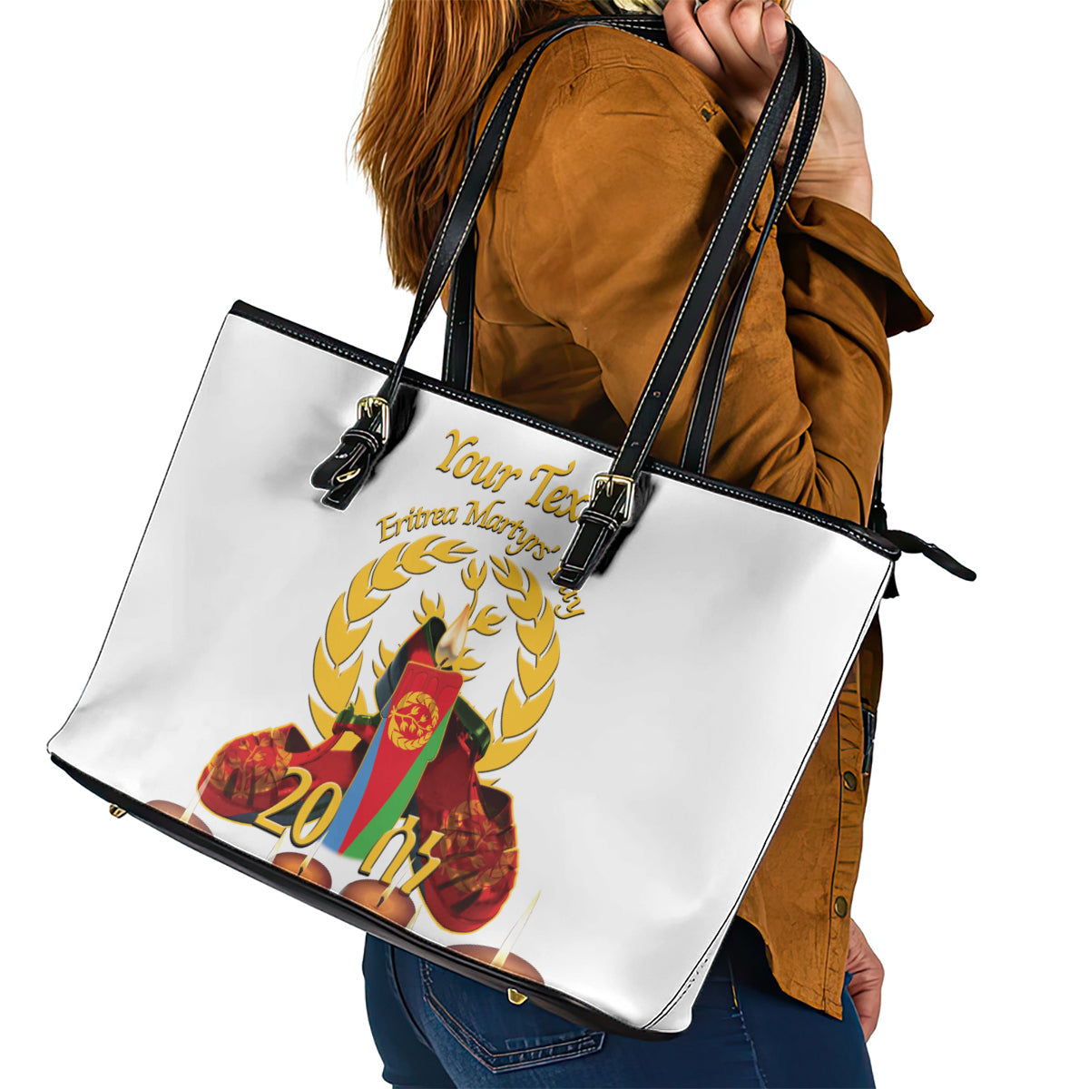 Custom Eritrea Martyrs' Day Leather Tote Bag 20 June Shida Shoes With Candles - White LT14