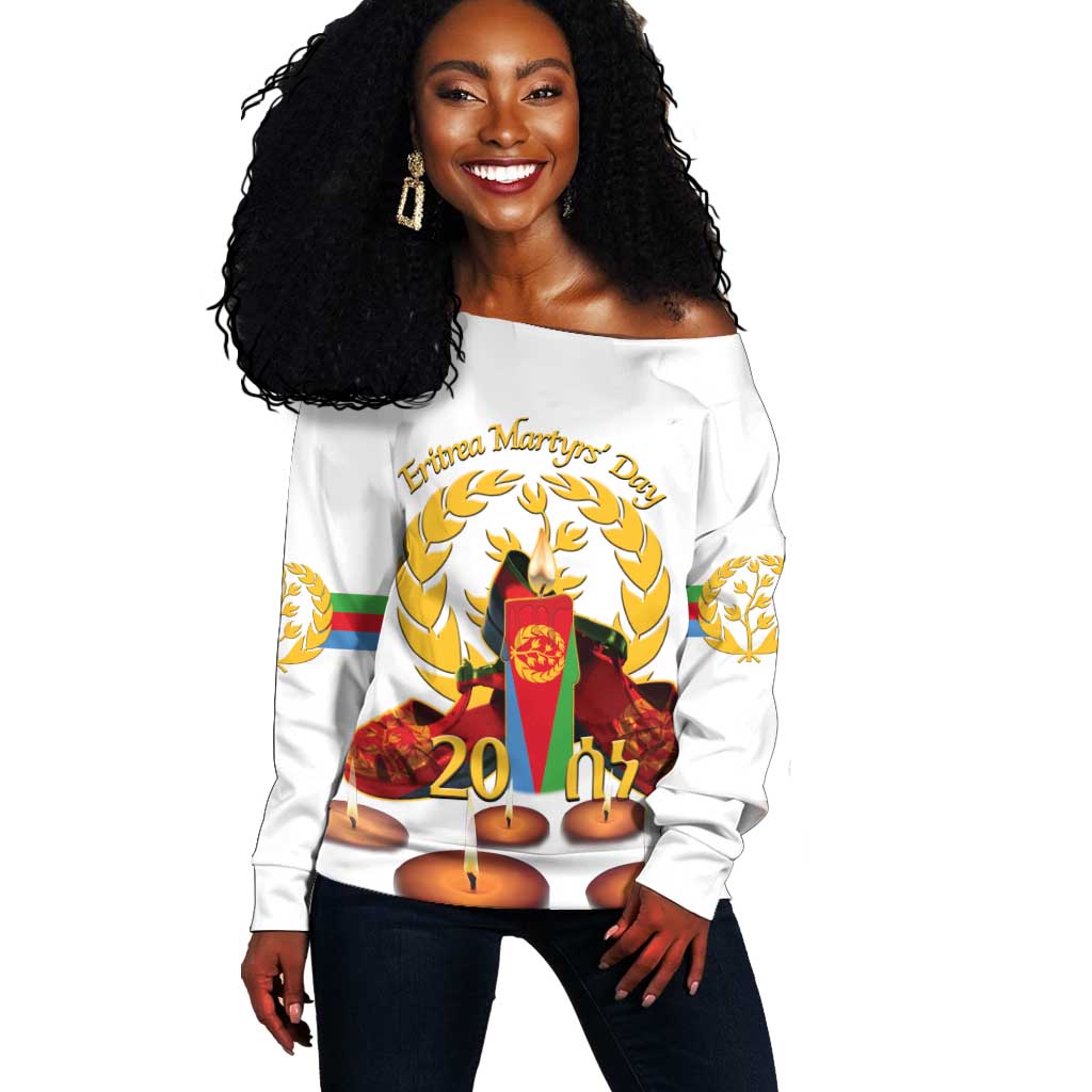 Custom Eritrea Martyrs' Day Off Shoulder Sweater 20 June Shida Shoes With Candles - White LT14