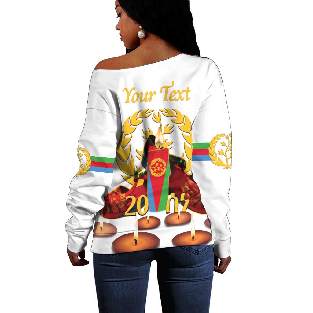 Custom Eritrea Martyrs' Day Off Shoulder Sweater 20 June Shida Shoes With Candles - White LT14