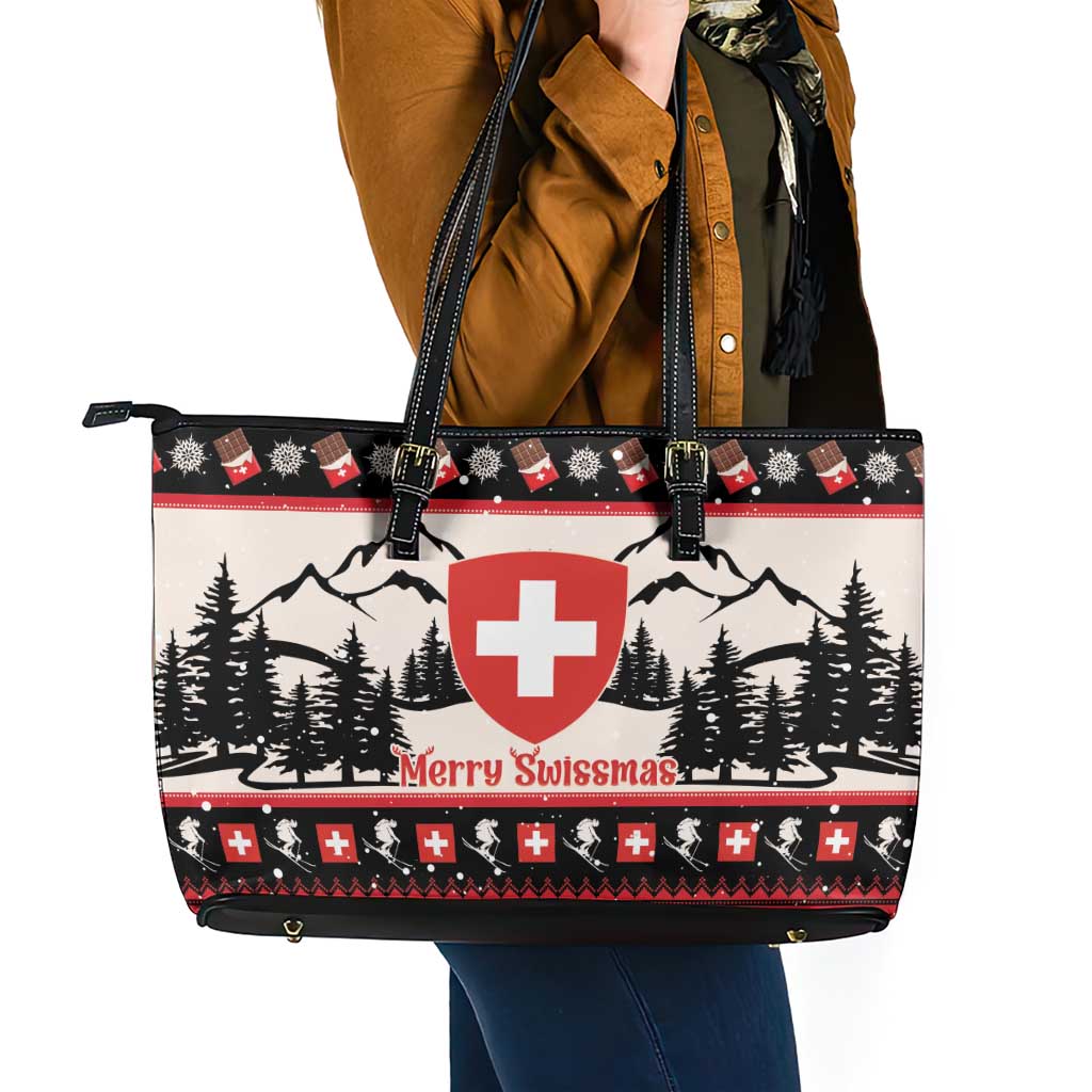 Switzerland Christmas Leather Tote Bag Merry Swissmas - Coat Of Arms Style LT14