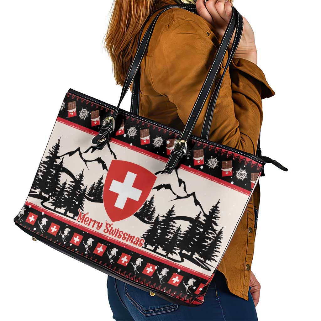 Switzerland Christmas Leather Tote Bag Merry Swissmas - Coat Of Arms Style LT14