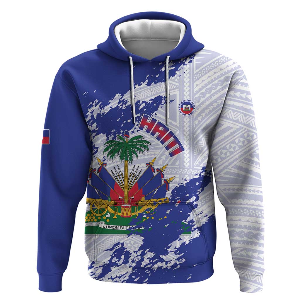 Custom Haiti Football Hoodie Les Grenadiers Blue Grunge Polynesian Tattoo LT14