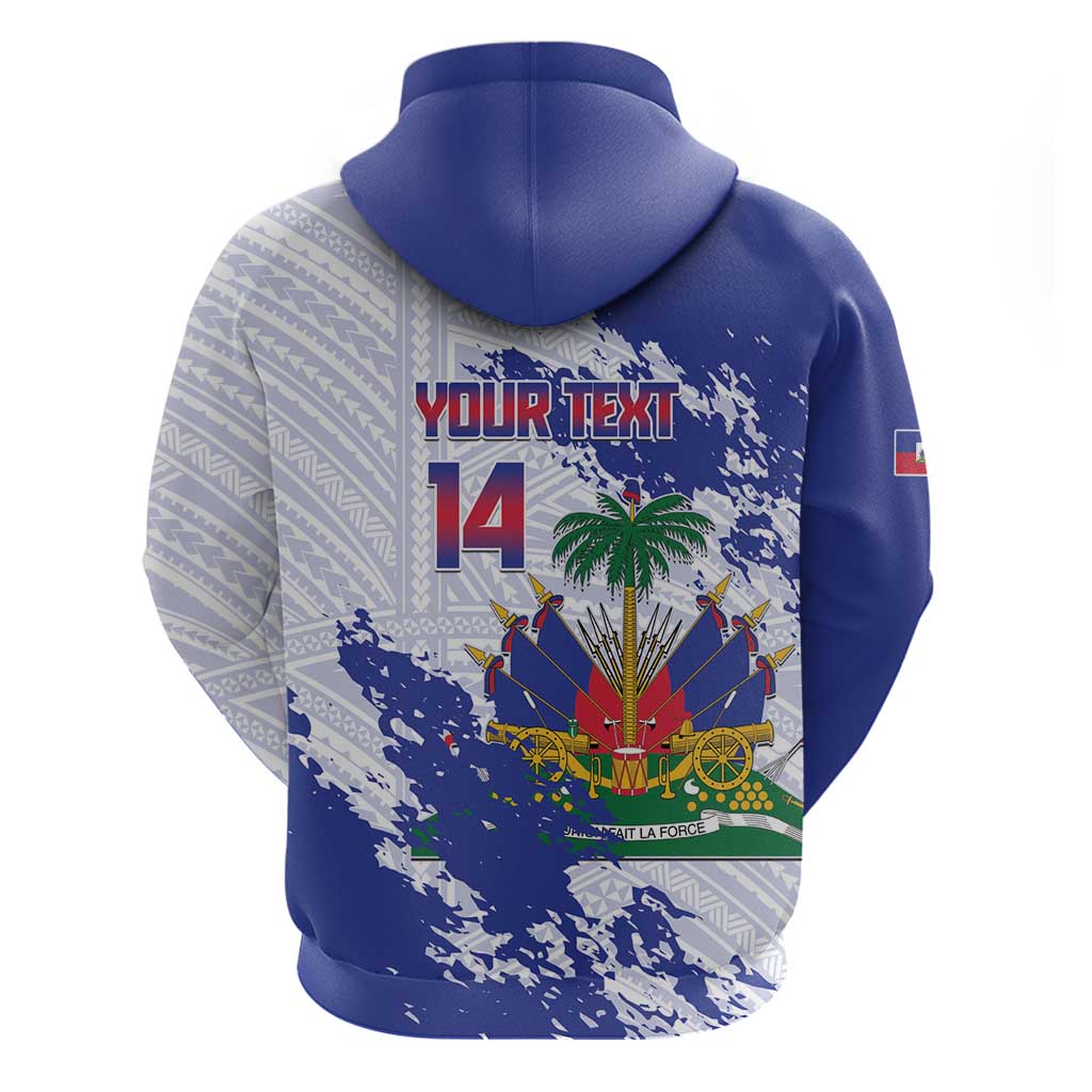 Custom Haiti Football Hoodie Les Grenadiers Blue Grunge Polynesian Tattoo LT14