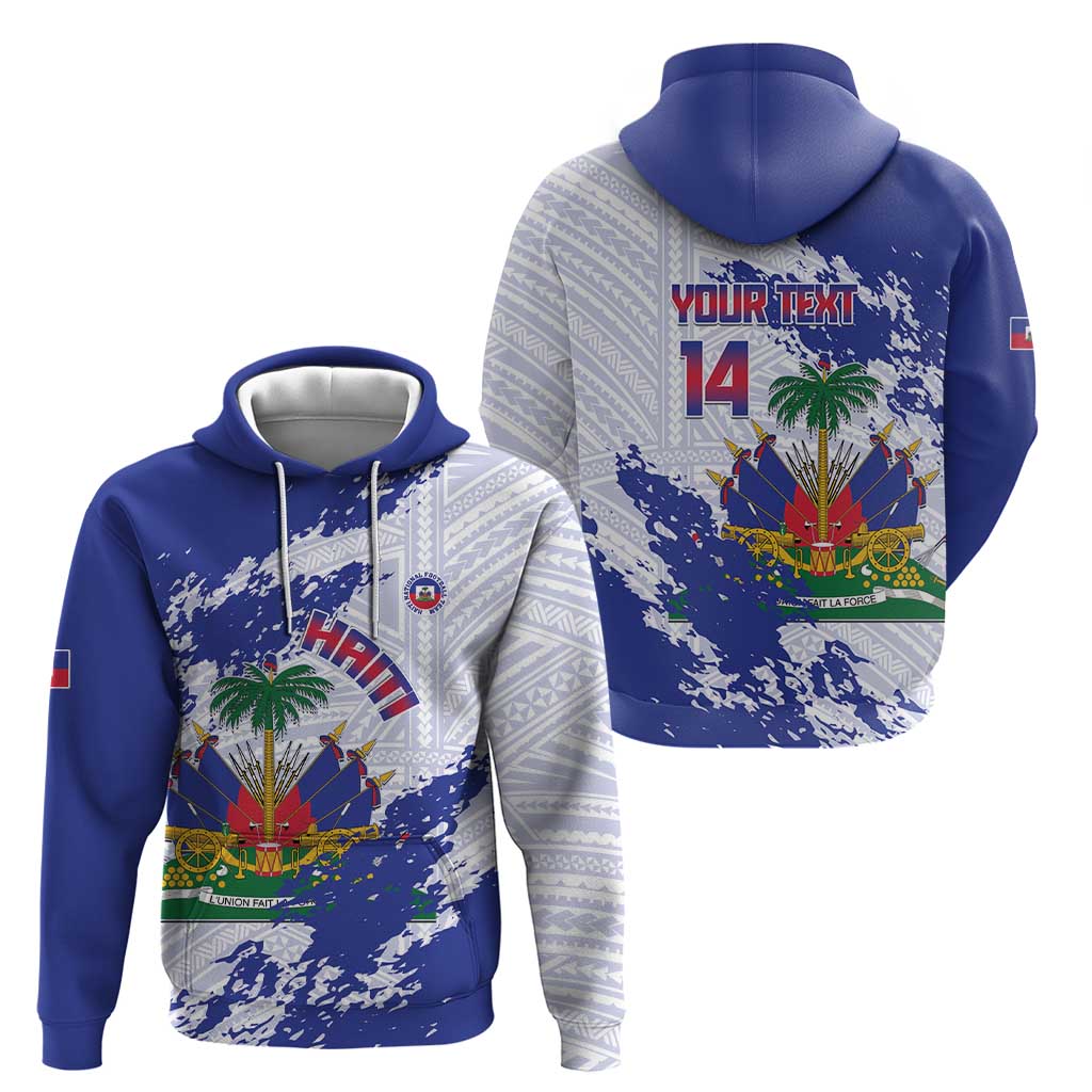 Custom Haiti Football Hoodie Les Grenadiers Blue Grunge Polynesian Tattoo LT14