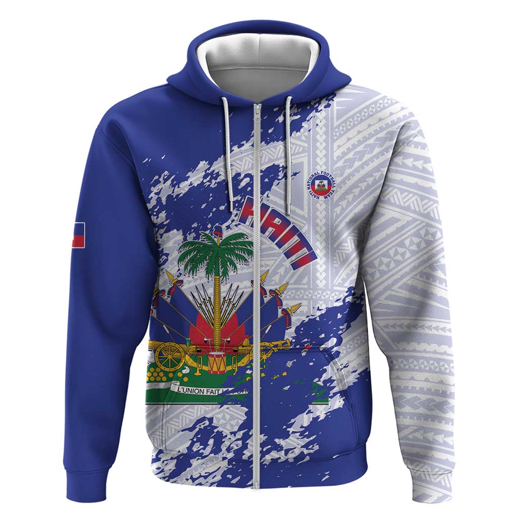 Custom Haiti Football Hoodie Les Grenadiers Blue Grunge Polynesian Tattoo LT14