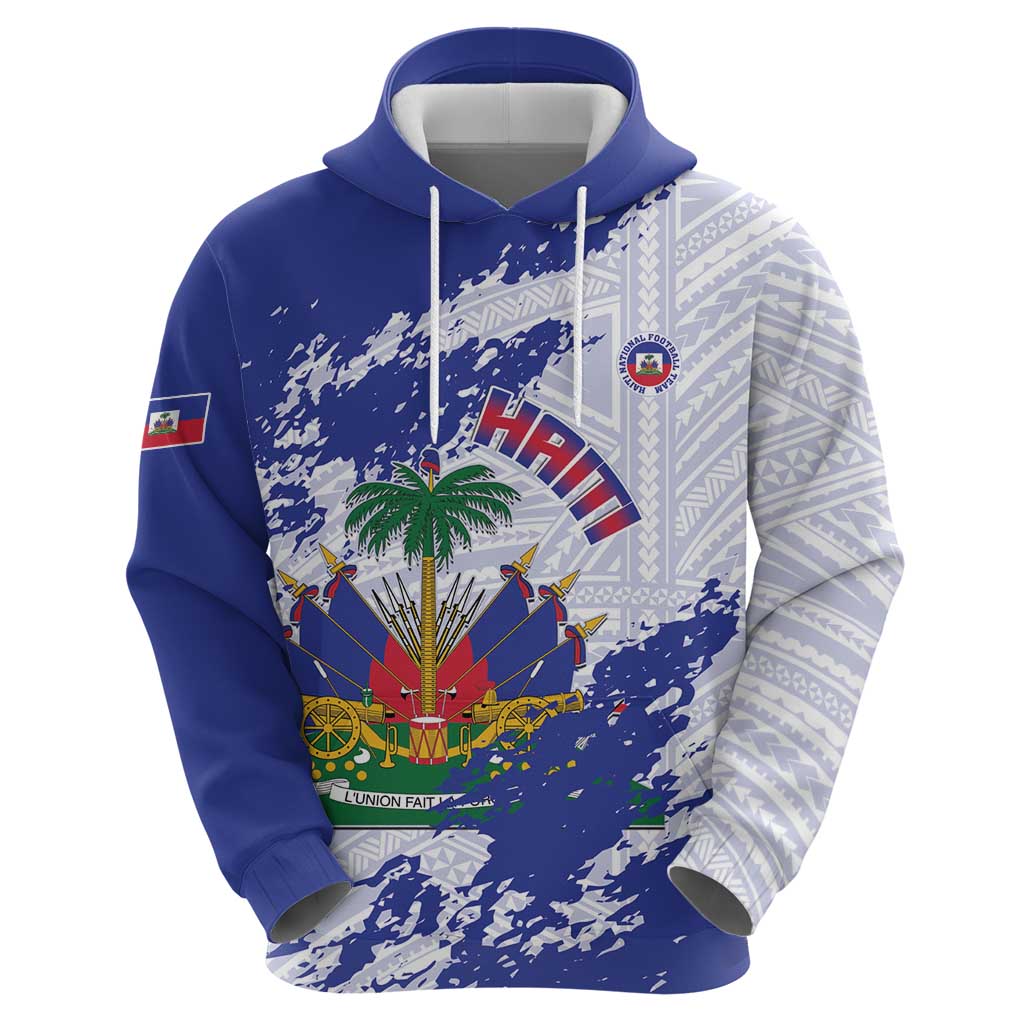 Custom Haiti Football Hoodie Les Grenadiers Blue Grunge Polynesian Tattoo LT14