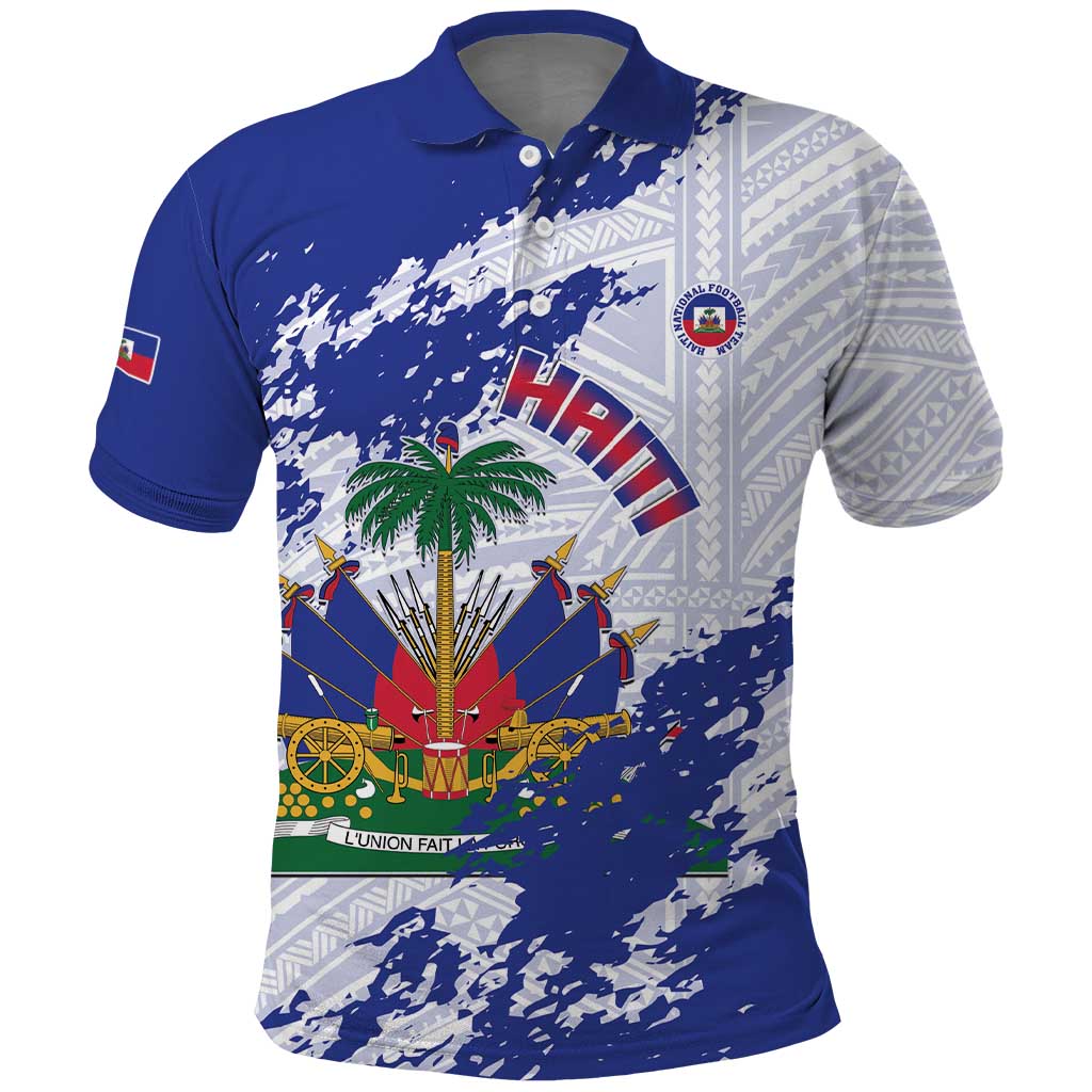 Custom Haiti Football Polo Shirt Les Grenadiers Blue Grunge Polynesian Tattoo LT14