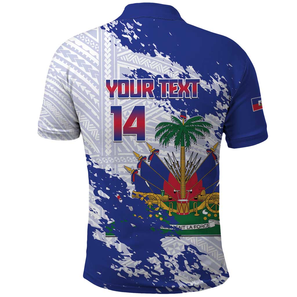 Custom Haiti Football Polo Shirt Les Grenadiers Blue Grunge Polynesian Tattoo LT14