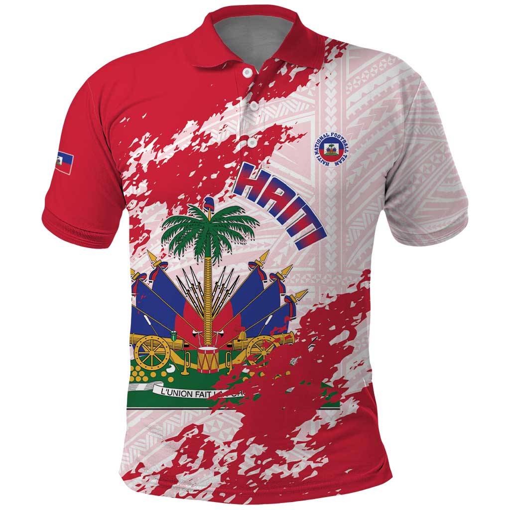 Custom Haiti Football Polo Shirt Les Grenadiers Red Grunge Polynesian Tattoo LT14