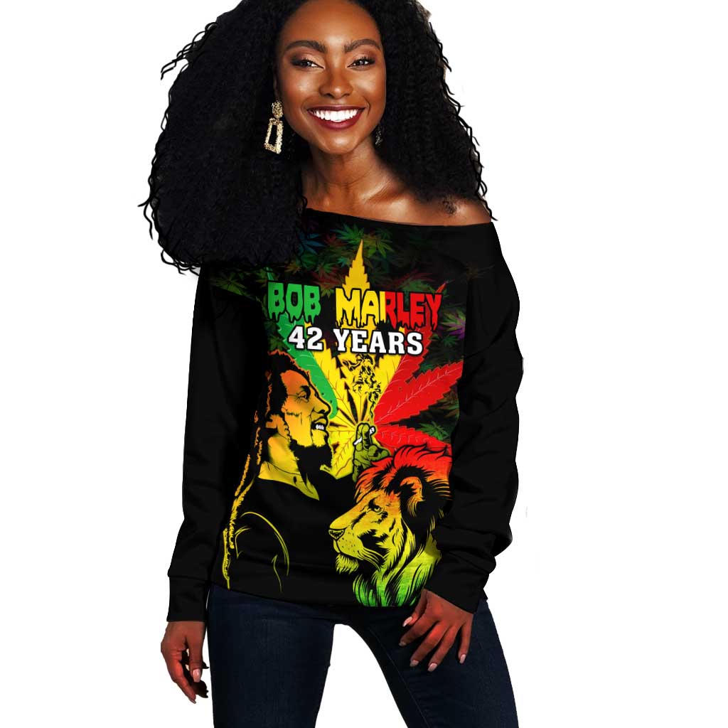 Afro Jamaica Legend Bob Off Shoulder Sweater Lion With Cannabis Leaf Pattern LT14