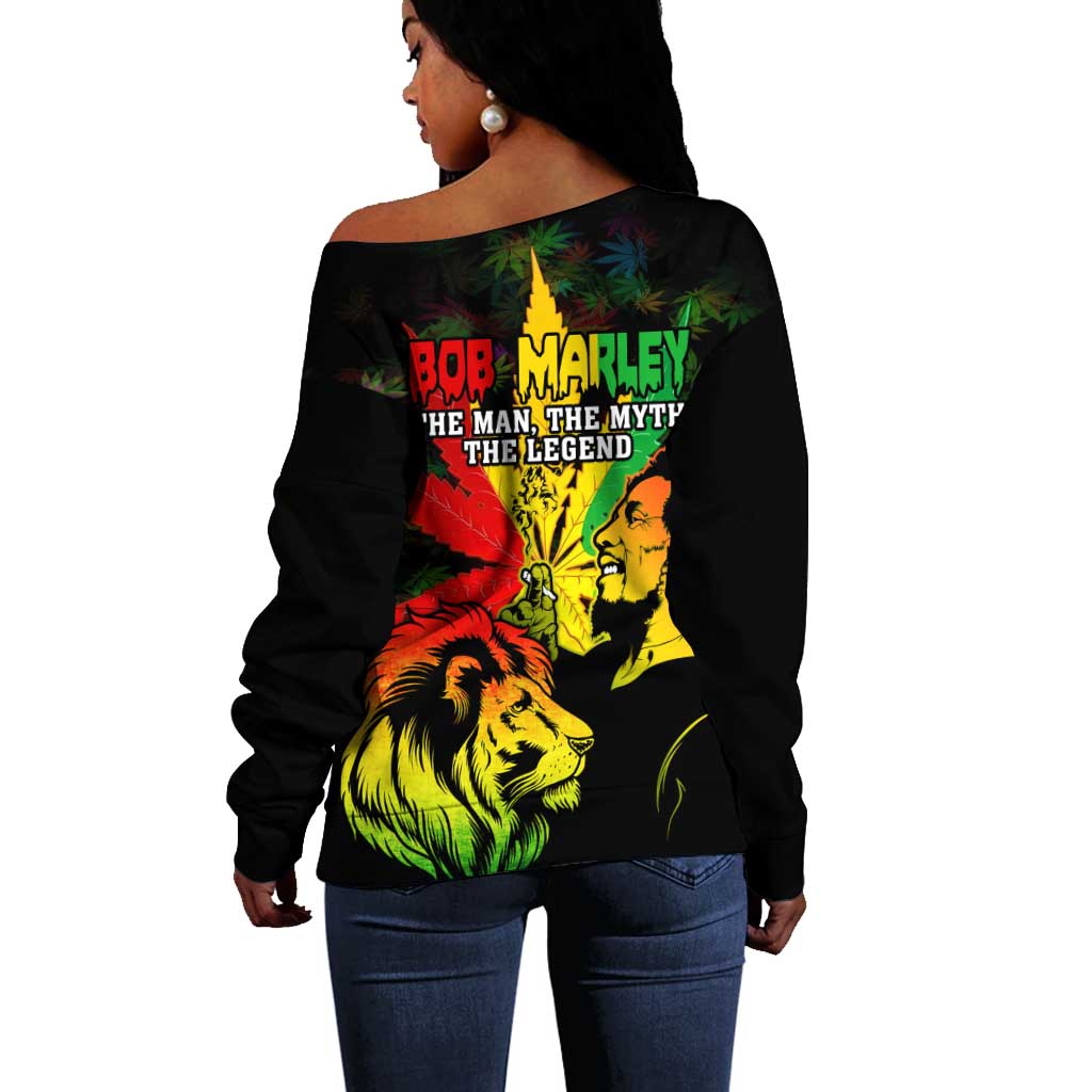 Afro Jamaica Legend Bob Off Shoulder Sweater Lion With Cannabis Leaf Pattern LT14