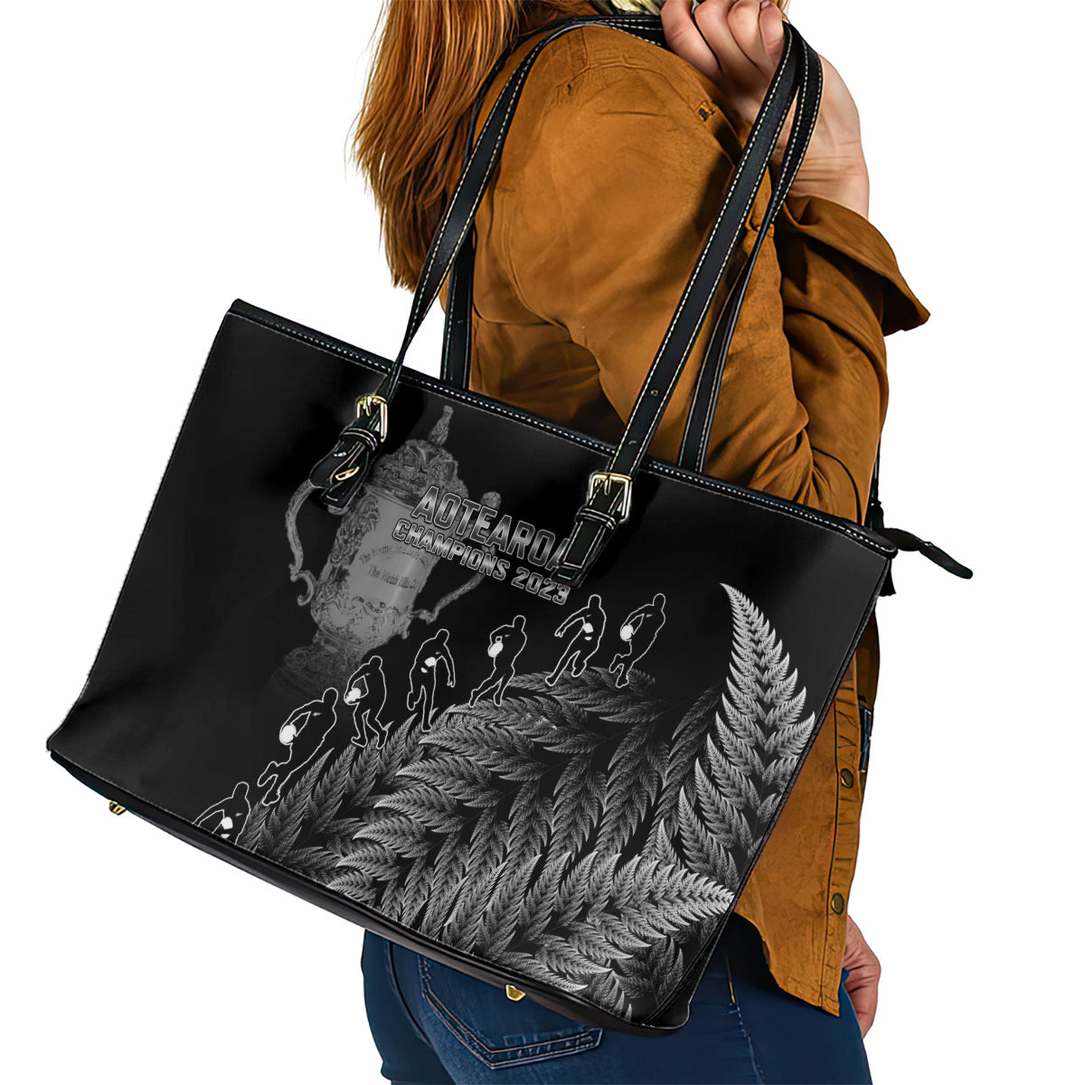 Custom New Zealand Silver Fern Rugby Leather Tote Bag All Black Go Champions 2023 With Trophy Proud LT14