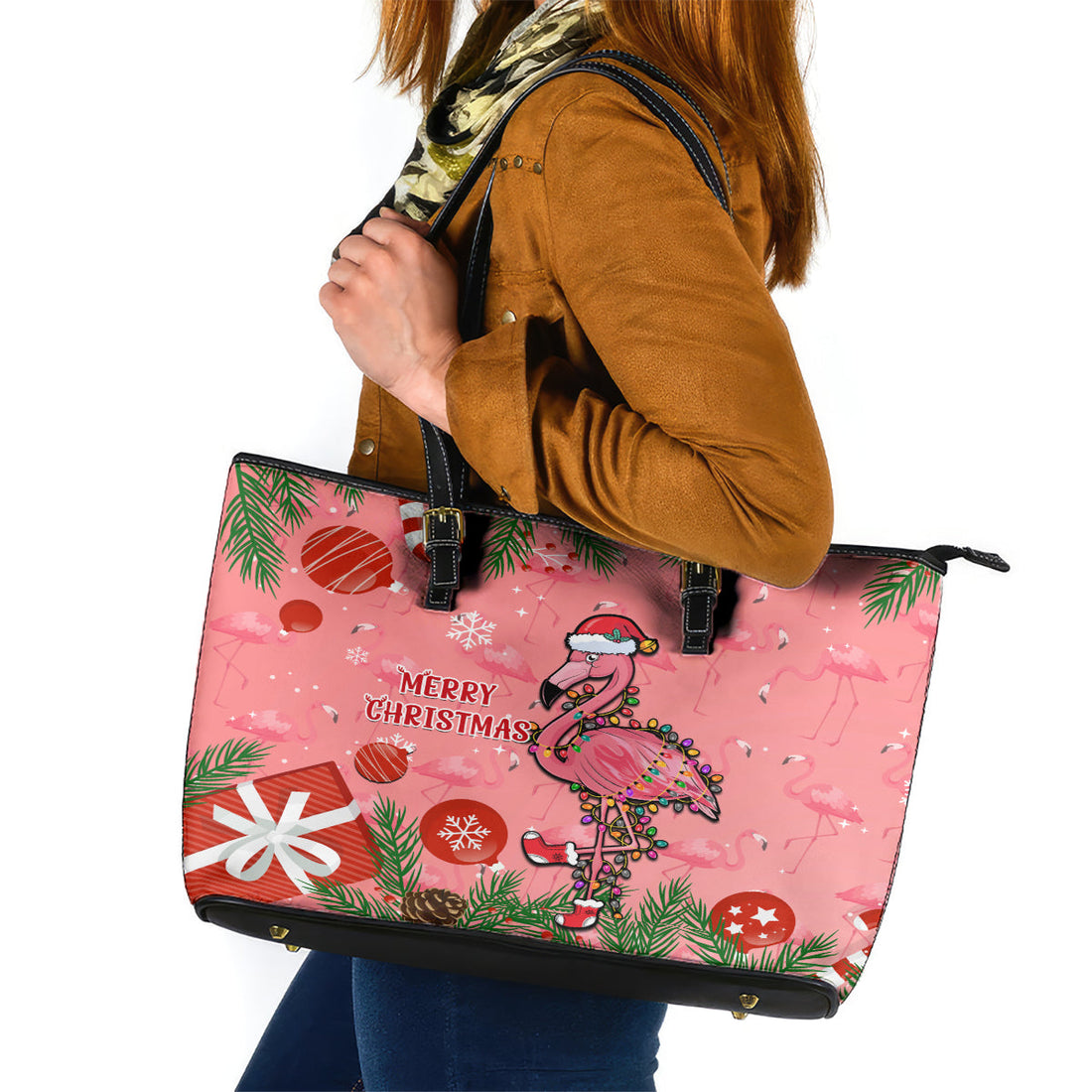 Flamingo Christmas Leather Tote Bag 2023 Seamless Xmas Vibes LT14