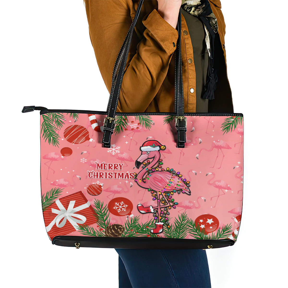 Flamingo Christmas Leather Tote Bag 2023 Seamless Xmas Vibes LT14