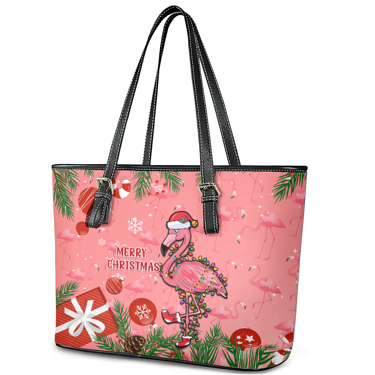 Flamingo Christmas Leather Tote Bag 2023 Seamless Xmas Vibes LT14