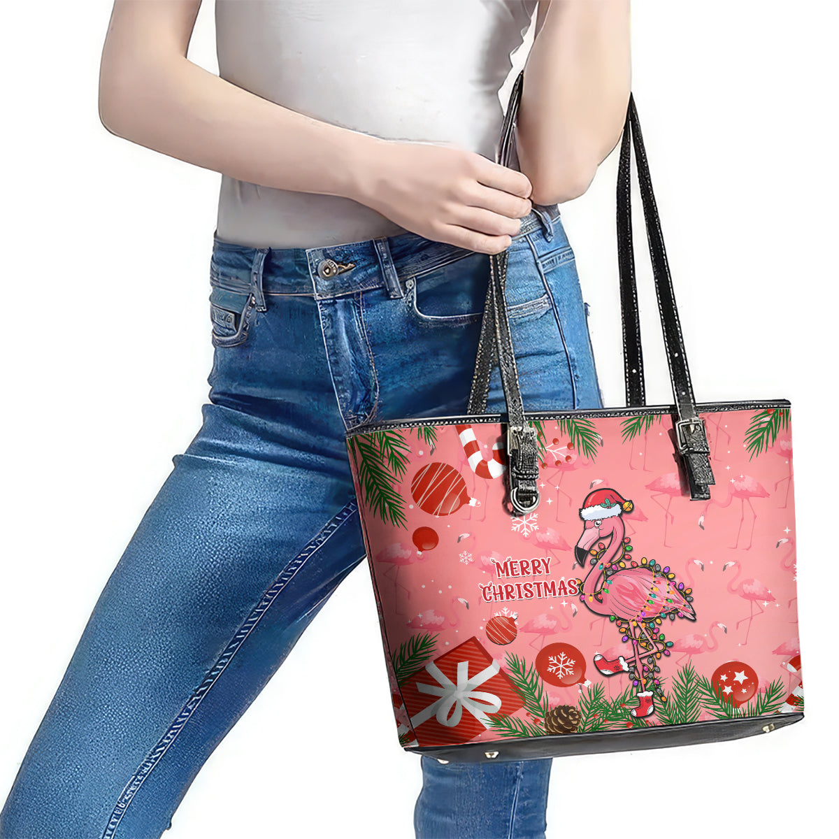 Flamingo Christmas Leather Tote Bag 2023 Seamless Xmas Vibes LT14