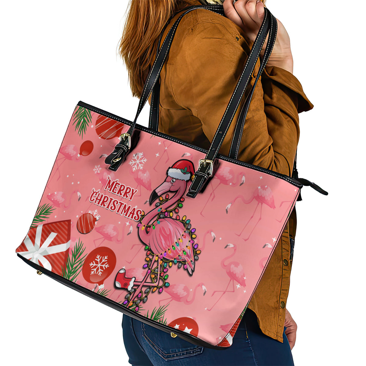 Flamingo Christmas Leather Tote Bag 2023 Seamless Xmas Vibes LT14