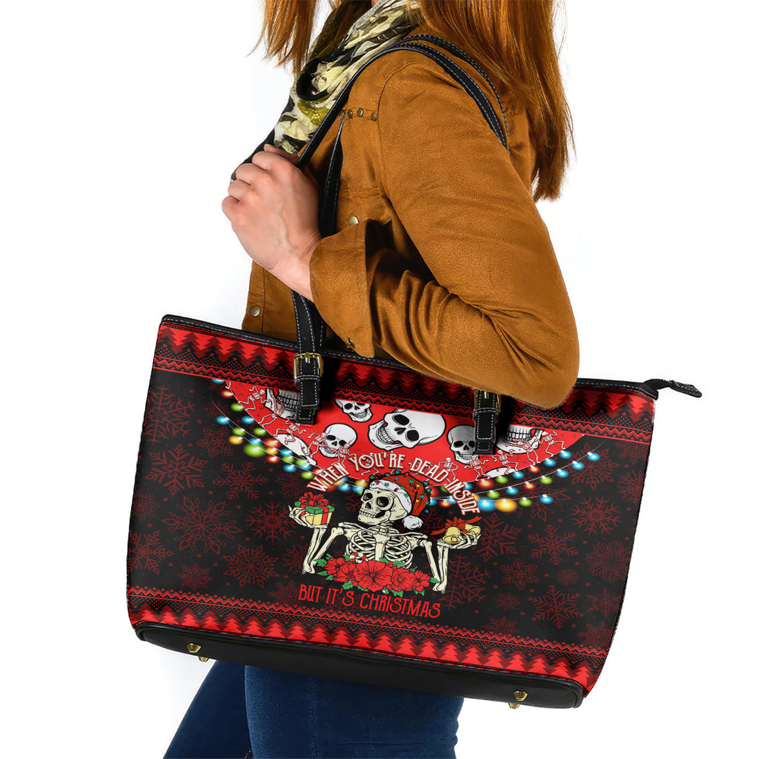 Skull Christmas Leather Tote Bag When You Are Dead Inside But It Is Christmas LT14