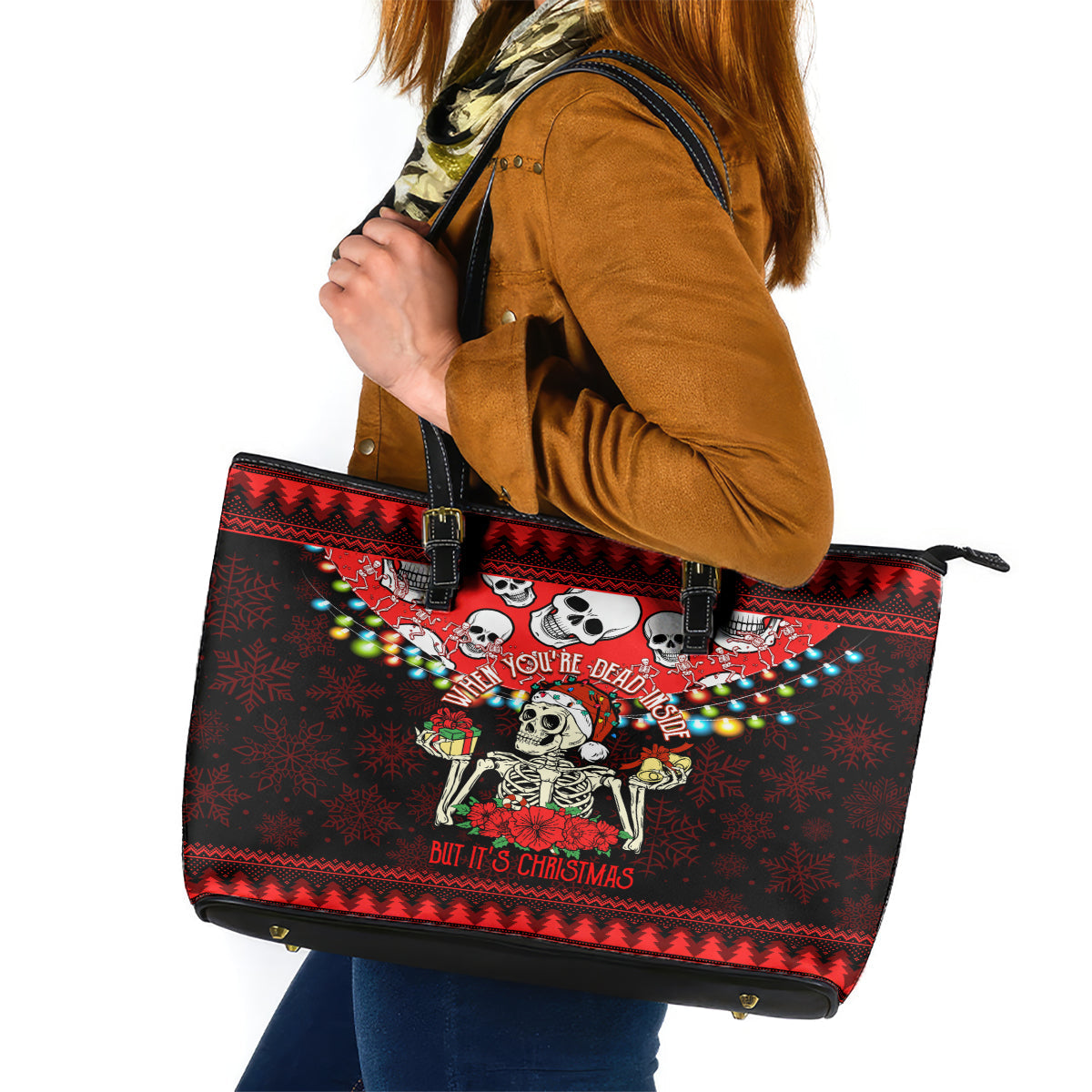 Skull Christmas Leather Tote Bag When You Are Dead Inside But It Is Christmas LT14