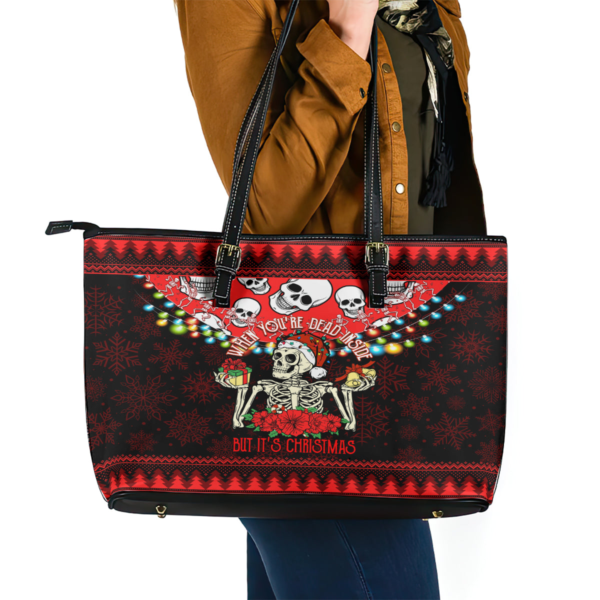Skull Christmas Leather Tote Bag When You Are Dead Inside But It Is Christmas LT14