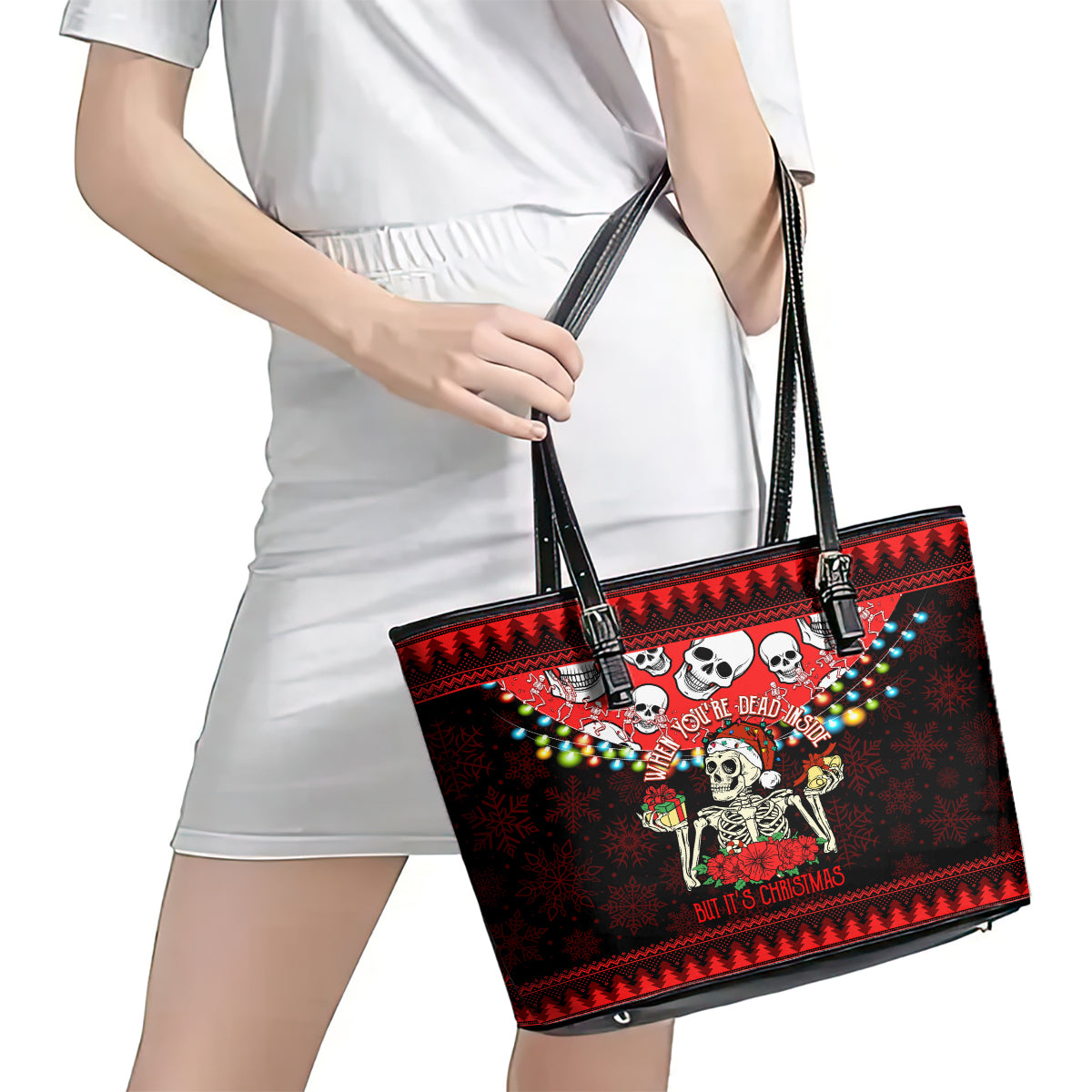 Skull Christmas Leather Tote Bag When You Are Dead Inside But It Is Christmas LT14