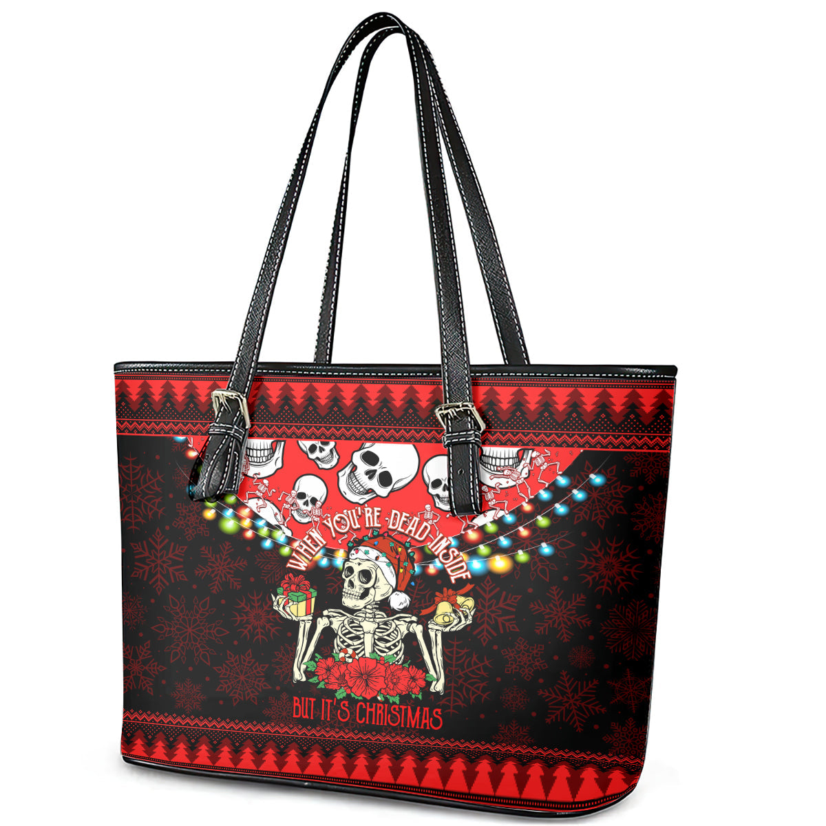 Skull Christmas Leather Tote Bag When You Are Dead Inside But It Is Christmas LT14
