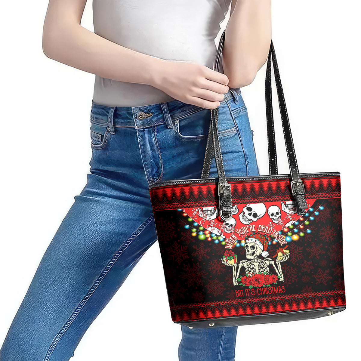 Skull Christmas Leather Tote Bag When You Are Dead Inside But It Is Christmas LT14