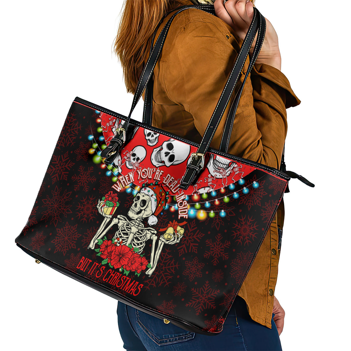 Skull Christmas Leather Tote Bag When You Are Dead Inside But It Is Christmas LT14