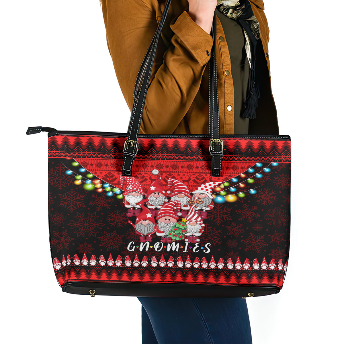 Chilling With My Gnomies Christmas Leather Tote Bag Gnomie Friend Xmas Vibes LT14