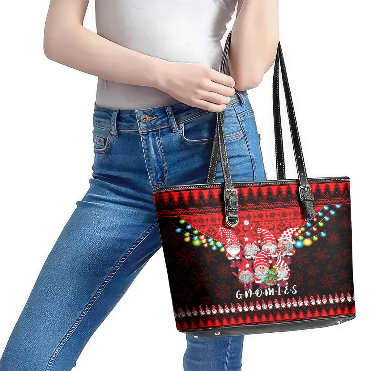 Chilling With My Gnomies Christmas Leather Tote Bag Gnomie Friend Xmas Vibes LT14