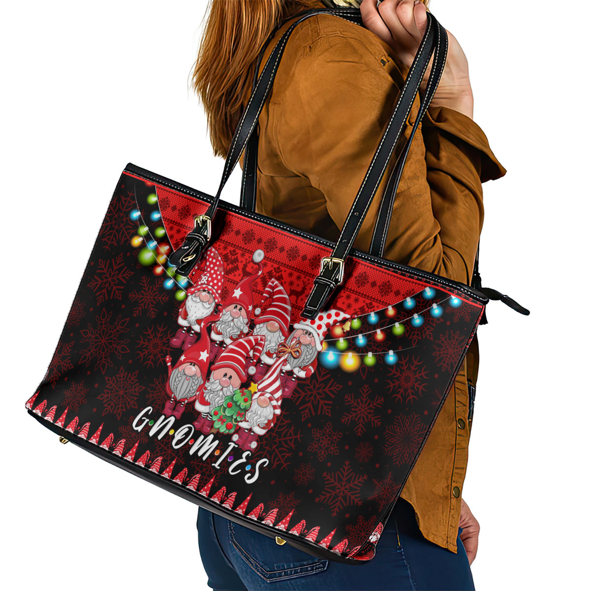 Chilling With My Gnomies Christmas Leather Tote Bag Gnomie Friend Xmas Vibes LT14