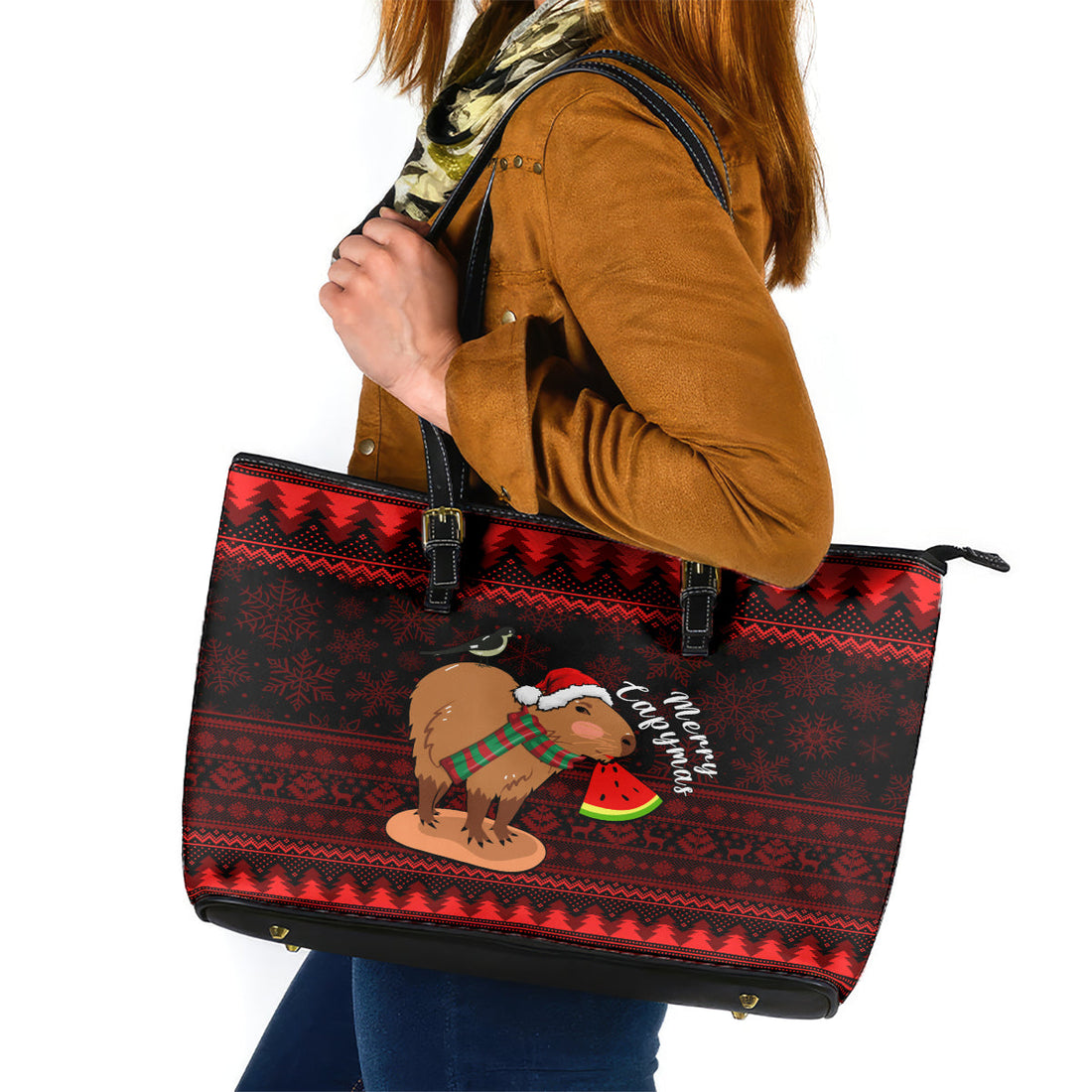 Capybara Christmas Leather Tote Bag Merry Capymas LT14