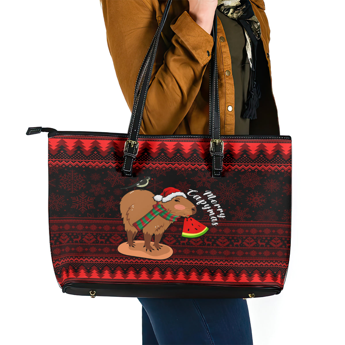 Capybara Christmas Leather Tote Bag Merry Capymas LT14