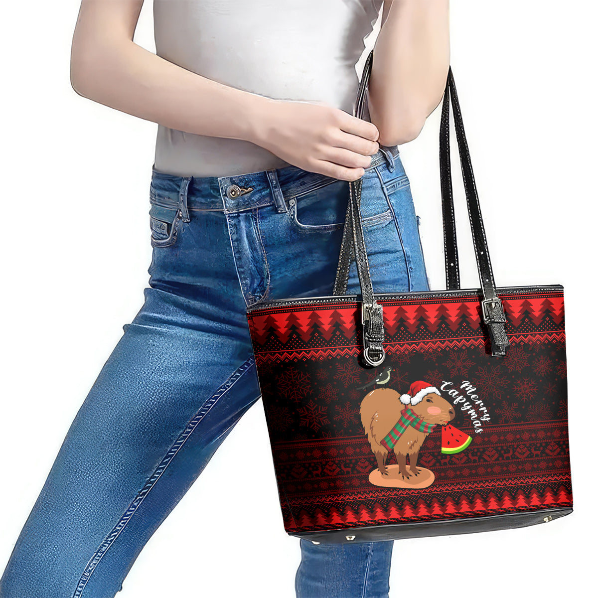 Capybara Christmas Leather Tote Bag Merry Capymas LT14