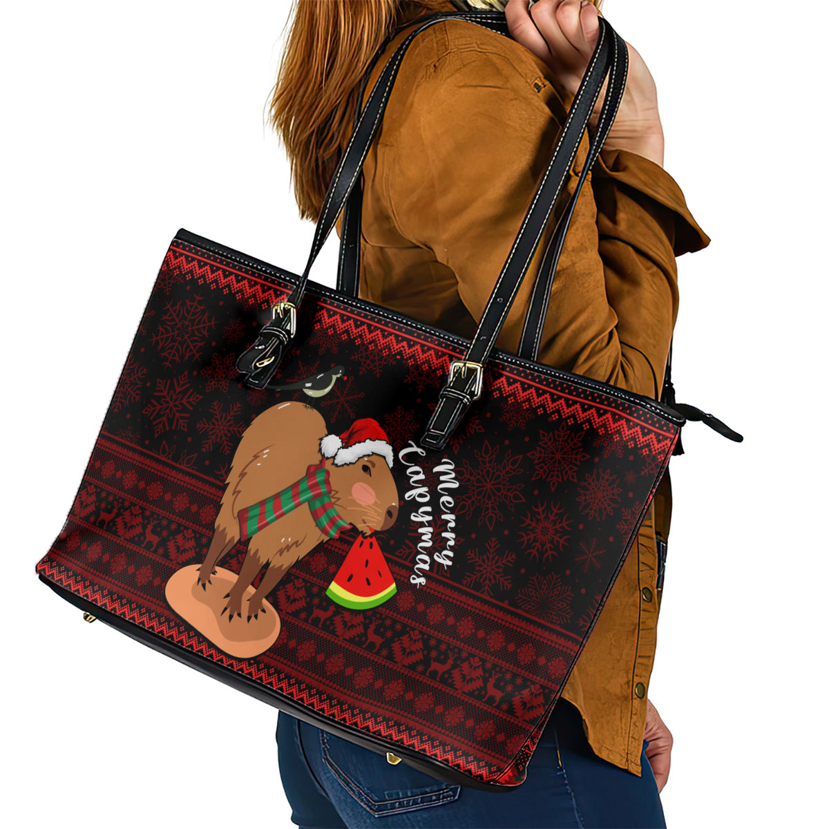 Capybara Christmas Leather Tote Bag Merry Capymas LT14