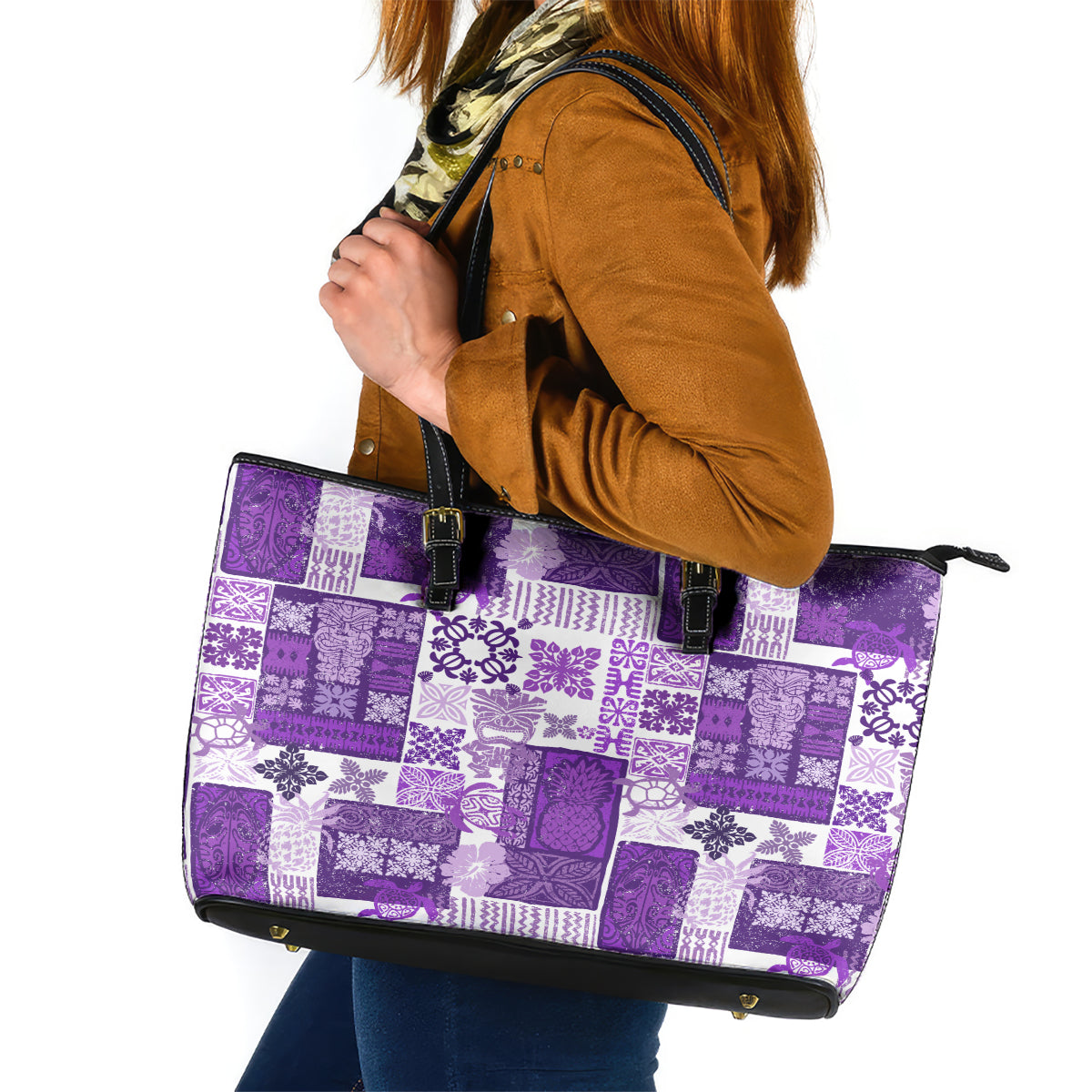 Hawaiian Quilt Leather Tote Bag Tiki Tropical Retro Purple Version LT14