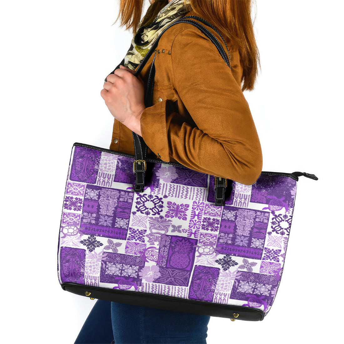 Hawaiian Quilt Leather Tote Bag Tiki Tropical Retro Purple Version LT14