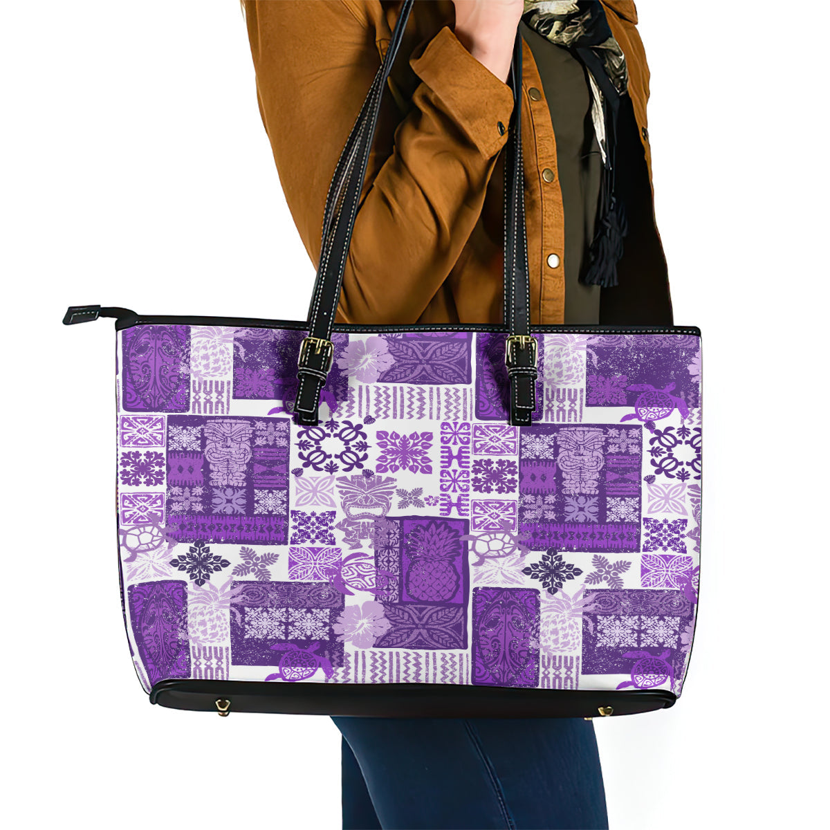 Hawaiian Quilt Leather Tote Bag Tiki Tropical Retro Purple Version LT14
