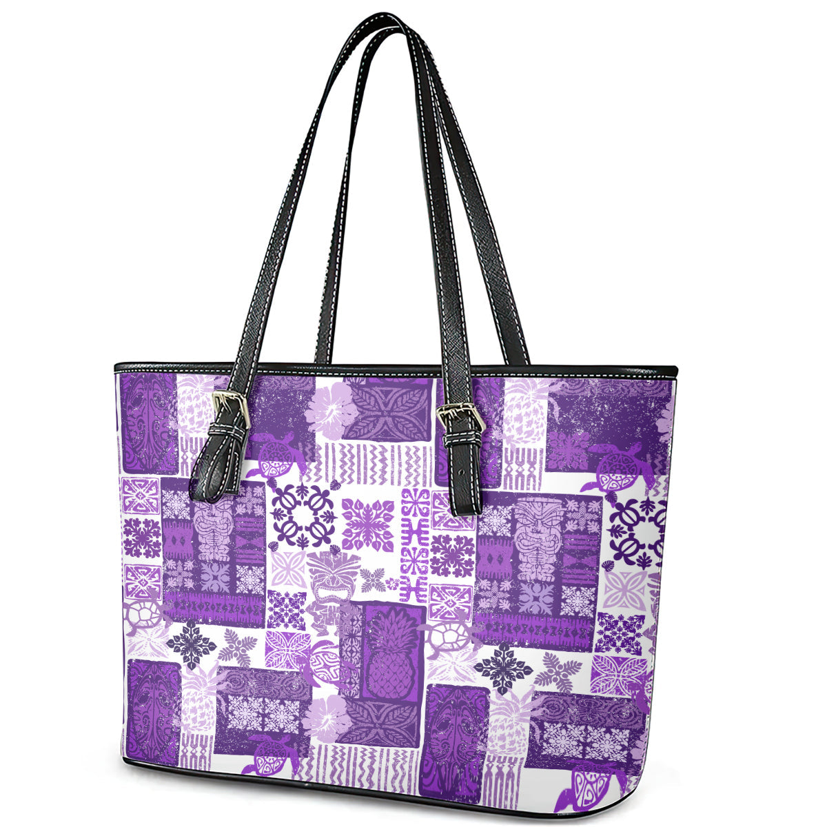 Hawaiian Quilt Leather Tote Bag Tiki Tropical Retro Purple Version LT14