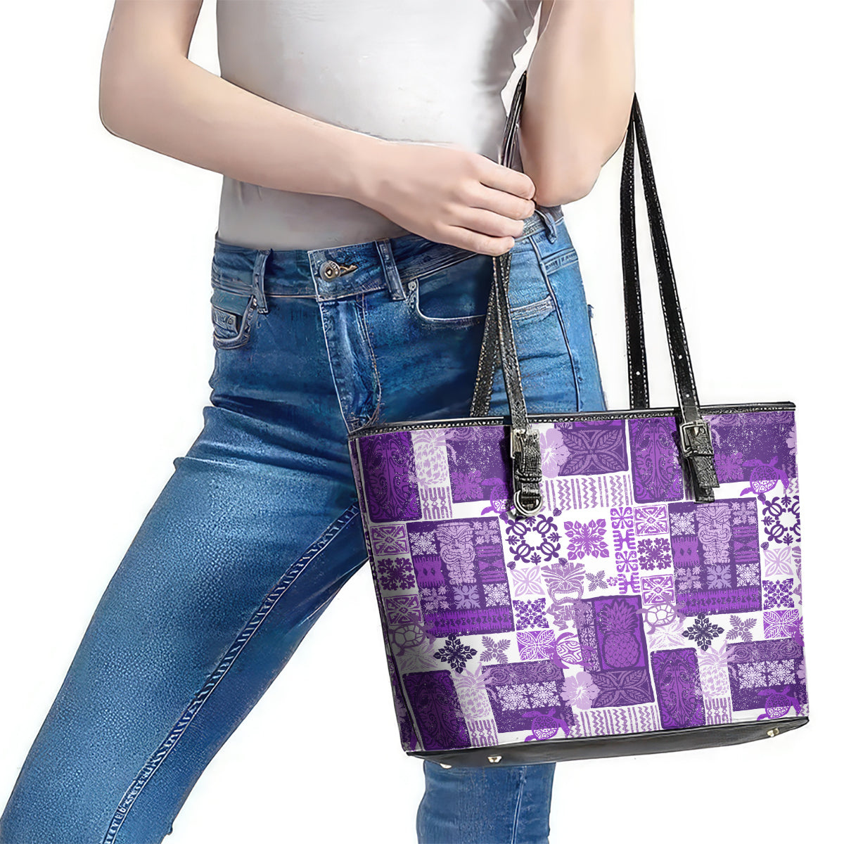 Hawaiian Quilt Leather Tote Bag Tiki Tropical Retro Purple Version LT14