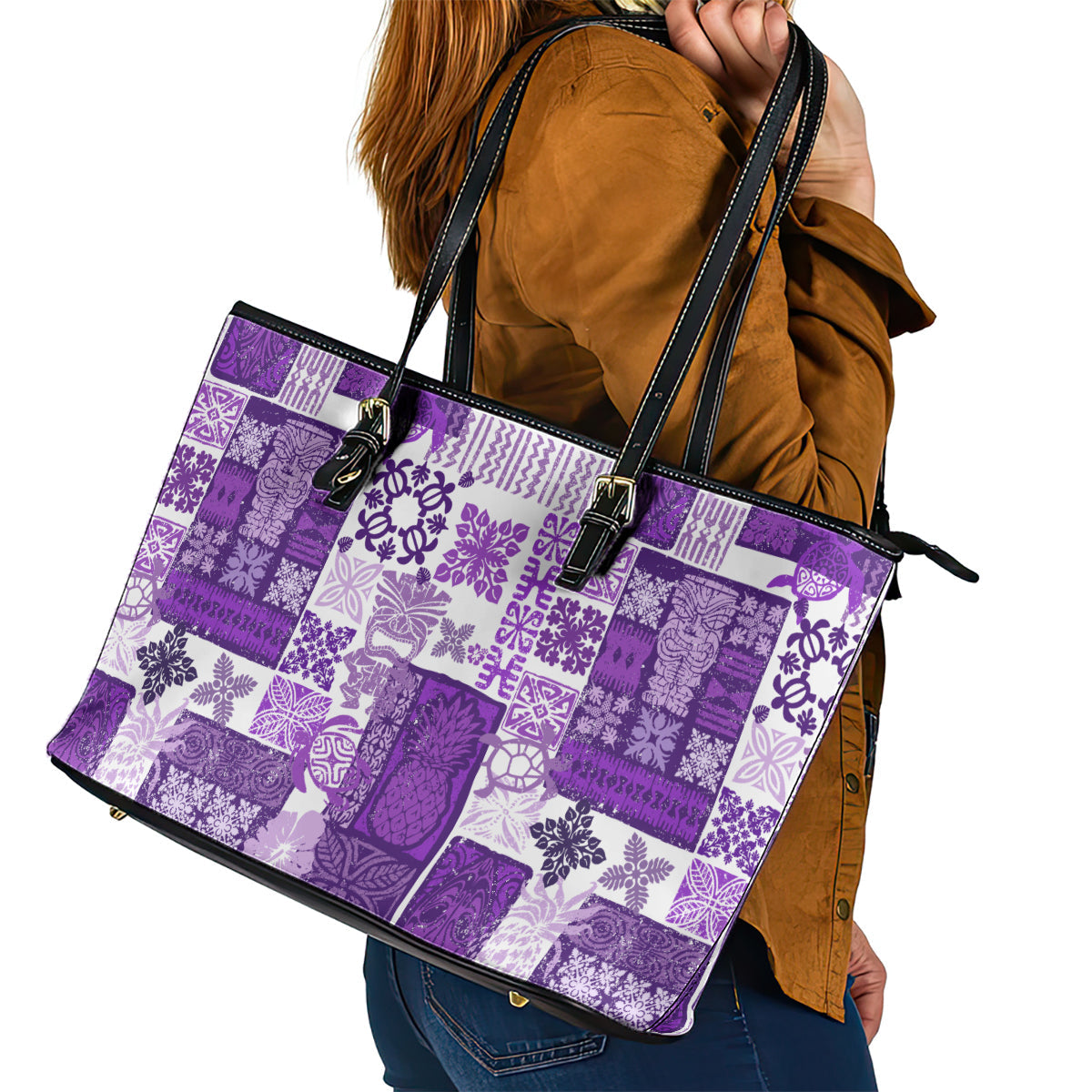 Hawaiian Quilt Leather Tote Bag Tiki Tropical Retro Purple Version LT14