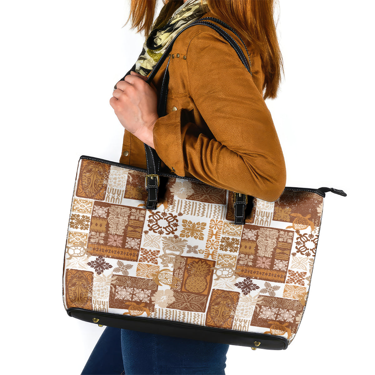 Hawaiian Quilt Leather Tote Bag Tiki Tropical Retro Brown Version LT14