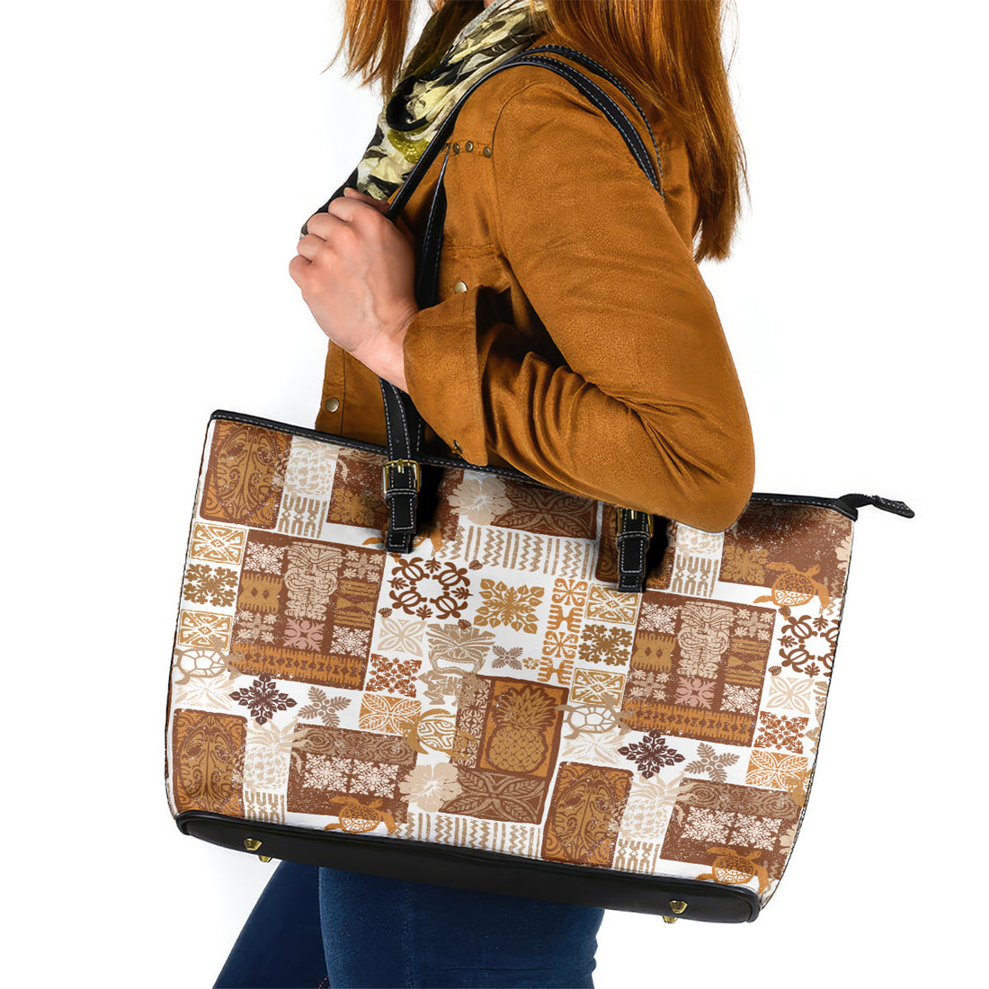 Hawaiian Quilt Leather Tote Bag Tiki Tropical Retro Brown Version LT14