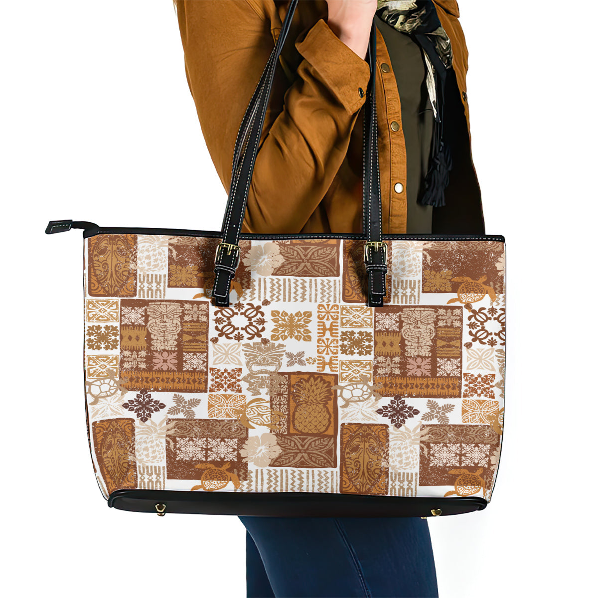 Hawaiian Quilt Leather Tote Bag Tiki Tropical Retro Brown Version LT14