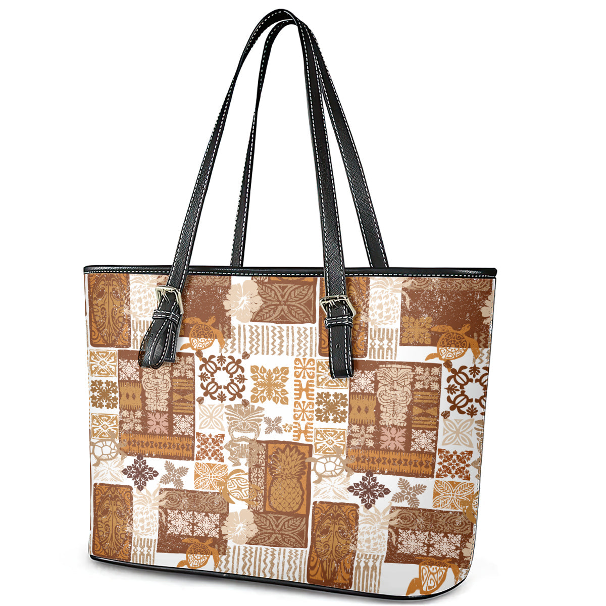 Hawaiian Quilt Leather Tote Bag Tiki Tropical Retro Brown Version LT14