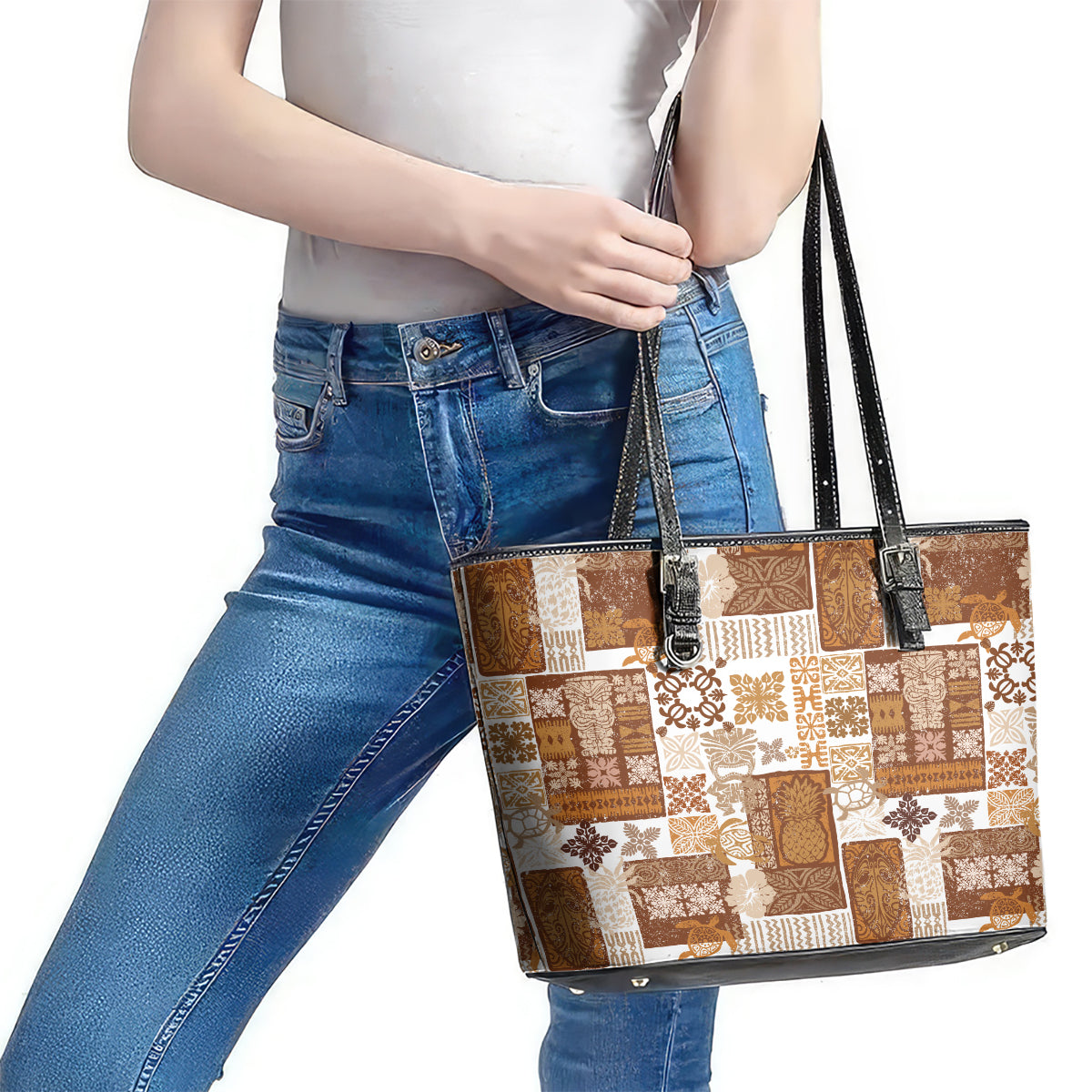 Hawaiian Quilt Leather Tote Bag Tiki Tropical Retro Brown Version LT14