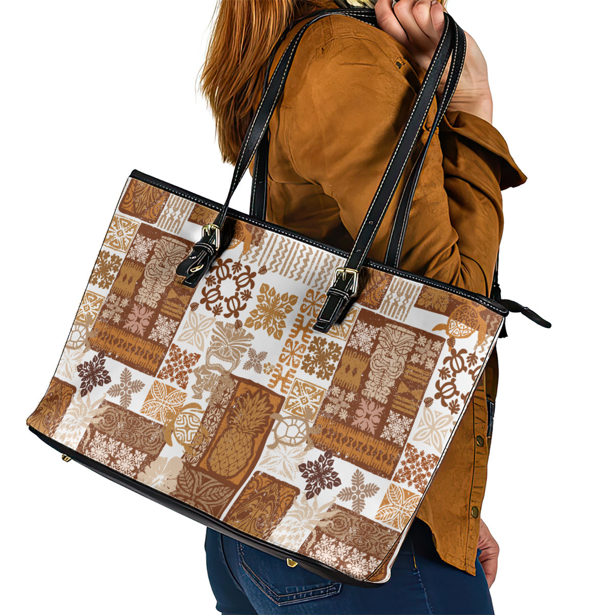 Hawaiian Quilt Leather Tote Bag Tiki Tropical Retro Brown Version LT14