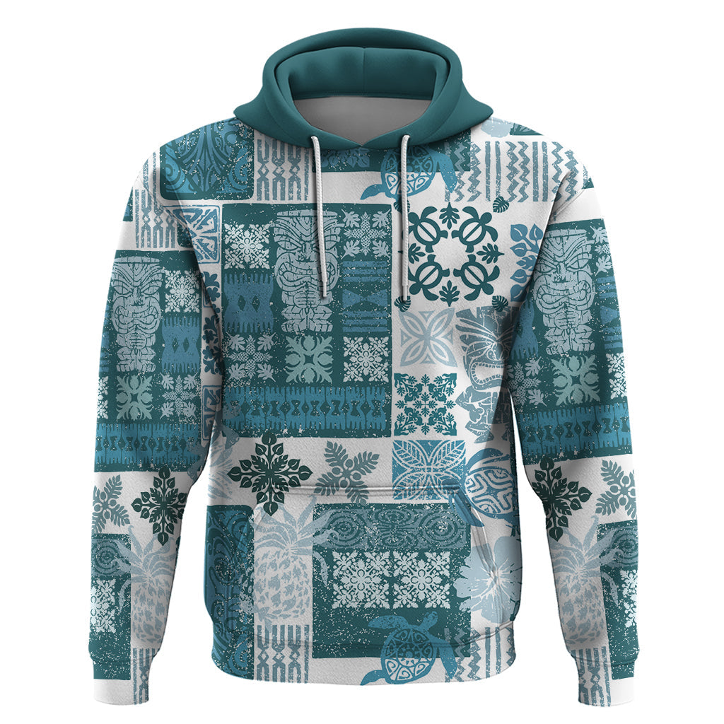Hawaiian Quilt Hoodie Tiki Tropical Retro Dark Cyan Version LT14