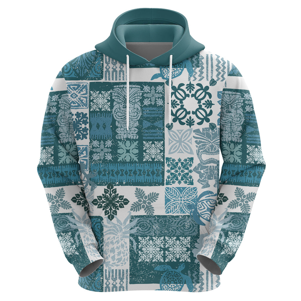 Hawaiian Quilt Hoodie Tiki Tropical Retro Dark Cyan Version LT14
